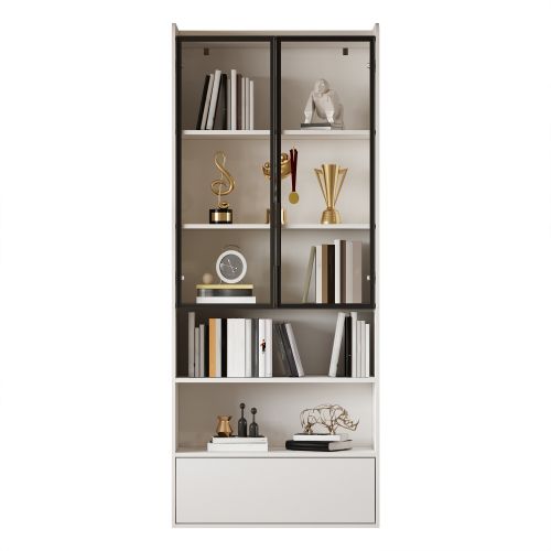 Vitrine Avec 1 Tiroir Et Portes Vitrées-meuble Haut 180cm-meuble De Salon Avec Éclairage LED-blanc