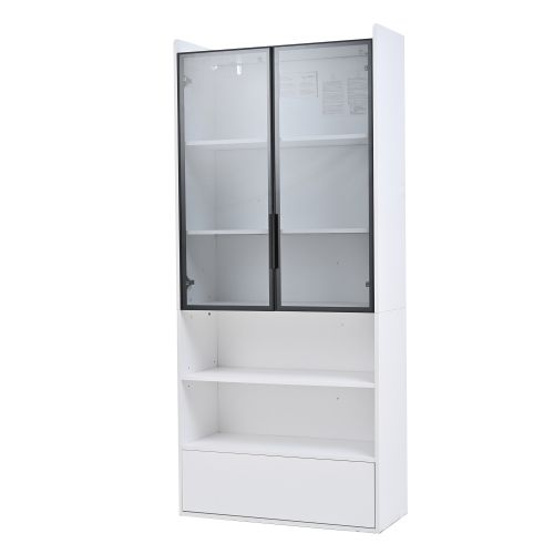 Vitrine Avec 1 Tiroir Et Portes Vitrées-meuble Haut 180cm-meuble De Salon Avec Éclairage LED-blanc