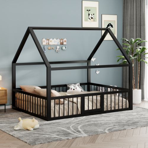 Lit Cabane 140 X 200 Cm- Lit Enfant Avec  Barrière-en Métal-sans Matelas-noir