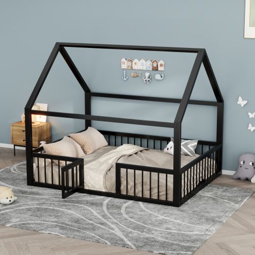 Lit Cabane 140 X 200 Cm- Lit Enfant Avec  Barrière-en Métal-sans Matelas-noir