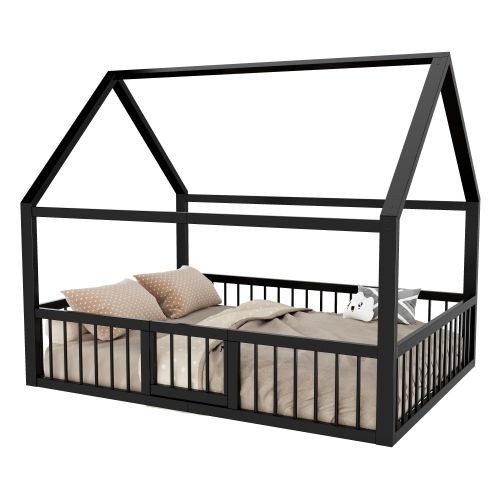 Lit Cabane 140 X 200 Cm- Lit Enfant Avec  Barrière-en Métal-sans Matelas-noir