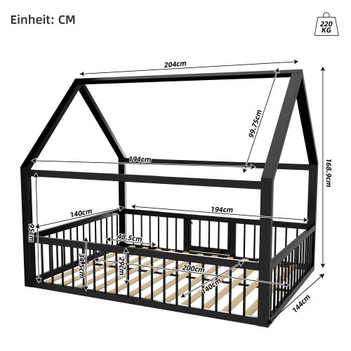 Lit Cabane 140 X 200 Cm- Lit Enfant Avec  Barrière-en Métal-sans Matelas-noir