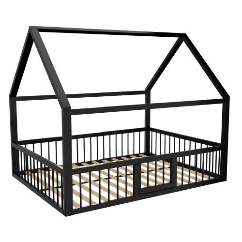 Lit Cabane 140 X 200 Cm- Lit Enfant Avec  Barrière-en Métal-sans Matelas-noir