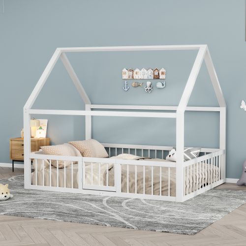 Lit Cabane 140 X 200 Cm- Lit Enfant Avec  Barrière-en Métal-sans Matelas-blanc