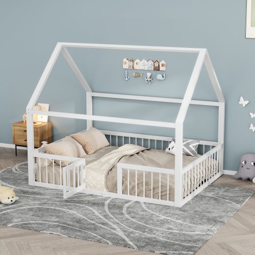 Lit Cabane 140 X 200 Cm- Lit Enfant Avec  Barrière-en Métal-sans Matelas-blanc