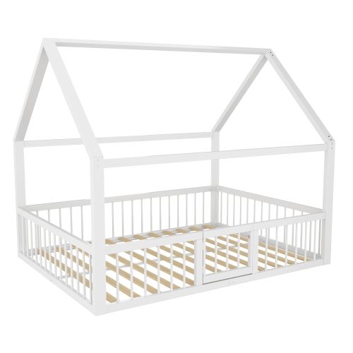 Lit Cabane 140 X 200 Cm- Lit Enfant Avec  Barrière-en Métal-sans Matelas-blanc