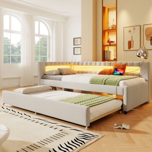 Lit De Jour-canapé-lit 90 X 200 Cm-lit Gigogne LED-usb + Type-c-en Lin-beige