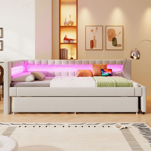 Lit De Jour-canapé-lit 90 X 200 Cm-lit Gigogne LED-usb + Type-c-en Lin-beige