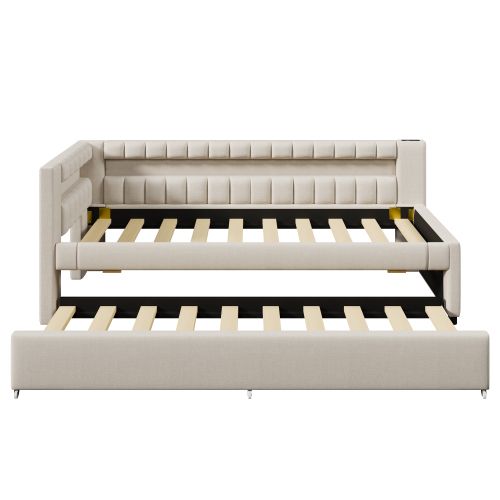 Lit De Jour-canapé-lit 90 X 200 Cm-lit Gigogne LED-usb + Type-c-en Lin-beige