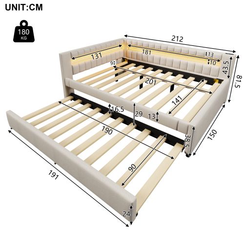 Lit De Jour-canapé-lit 140 X 200 Cm-lit Gigogne LED-usb + Type-c-en Lin-beige