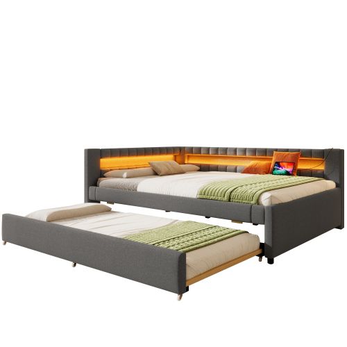 Lit De Jour-canapé-lit 140 X 200 Cm-lit Gigogne LED-usb + Type-c-en Lin-gris
