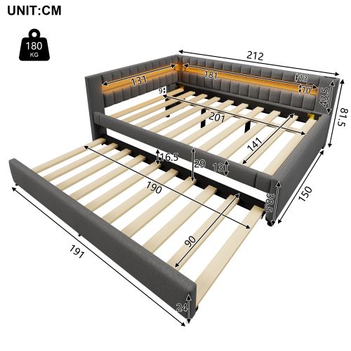 Lit De Jour-canapé-lit 140 X 200 Cm-lit Gigogne LED-usb + Type-c-en Lin-gris