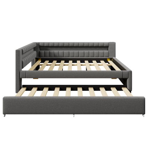 Lit De Jour-canapé-lit 140 X 200 Cm-lit Gigogne LED-usb + Type-c-en Lin-gris