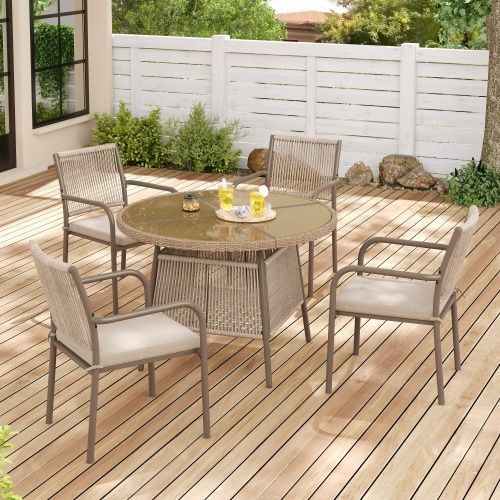 Set Jardin 5 Pièces-en Rotin-comprenant 1 Table Ronde En Verre Et 4 Fauteuils-en Fer-naturel