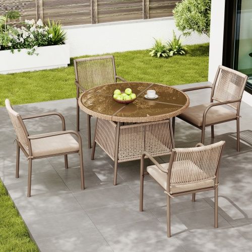 Set Jardin 5 Pièces-en Rotin-comprenant 1 Table Ronde En Verre Et 4 Fauteuils-en Fer-naturel