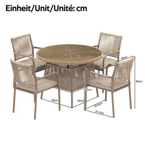 Set Jardin 5 Pièces-en Rotin-comprenant 1 Table Ronde En Verre Et 4 Fauteuils-en Fer-naturel
