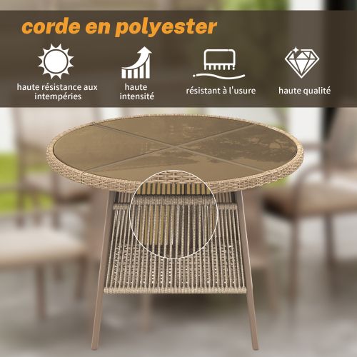 Set Jardin 5 Pièces-en Rotin-comprenant 1 Table Ronde En Verre Et 4 Fauteuils-en Fer-naturel