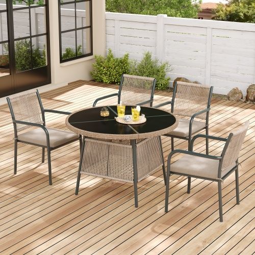 Set Jardin 5 Pièces-en Rotin-comprenant 1 Table Ronde En Verre Et 4 Fauteuils-en Fer-naturel