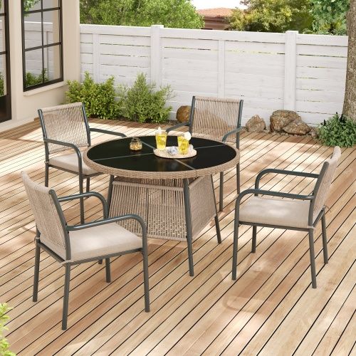 Set Jardin 5 Pièces-en Rotin-comprenant 1 Table Ronde En Verre Et 4 Fauteuils-en Fer-naturel