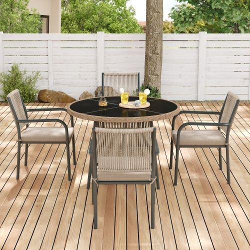 Set Jardin 5 Pièces-en Rotin-comprenant 1 Table Ronde En Verre Et 4 Fauteuils-en Fer-naturel