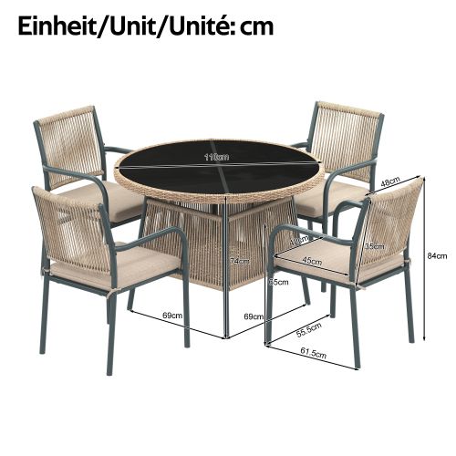 Set Jardin 5 Pièces-en Rotin-comprenant 1 Table Ronde En Verre Et 4 Fauteuils-en Fer-naturel