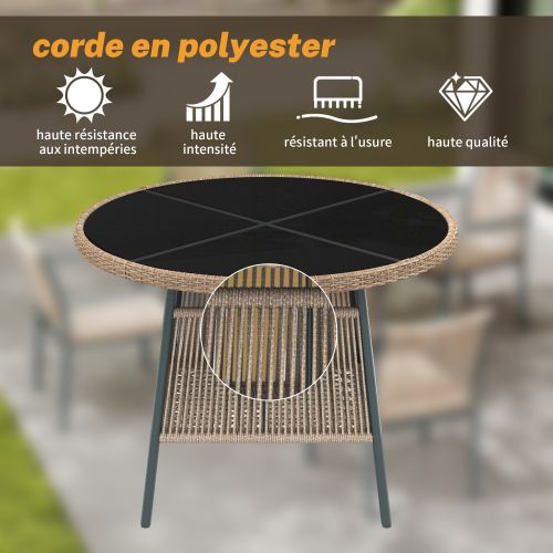Set Jardin 5 Pièces-en Rotin-comprenant 1 Table Ronde En Verre Et 4 Fauteuils-en Fer-naturel