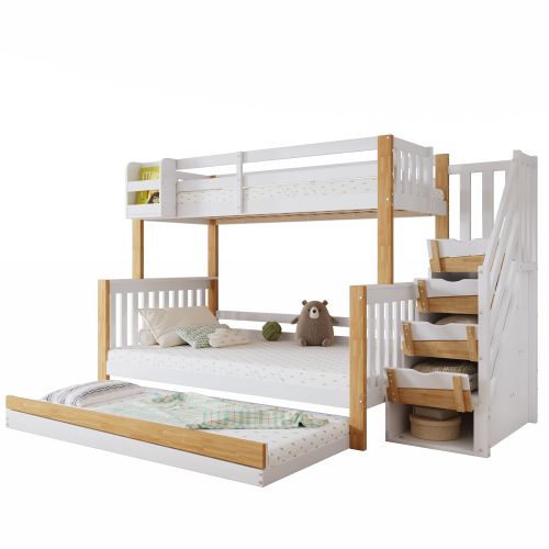 Lit Superposé 90 X 200 Cm-lit Enfant Avec Barrière-lit Gigogne-escalier D'angle-en Bois Massif-blanc