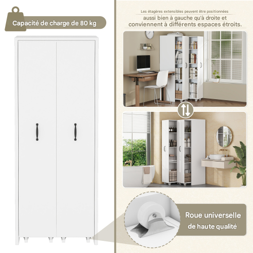 Bibliothèque-20kg/étagère-roulettes Silencieuse-réversibles Gauche/droite-armoire Polyvalent-blanc