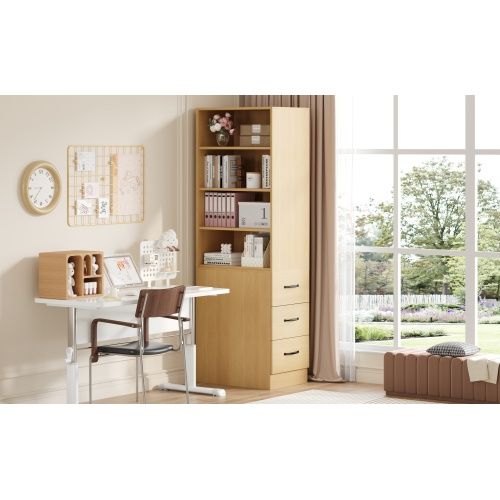 Étagère Étroite-avec 3 Tiroirs Et Étagères Réglables-armoire Haute H180cm-rangement Flexible-naturel