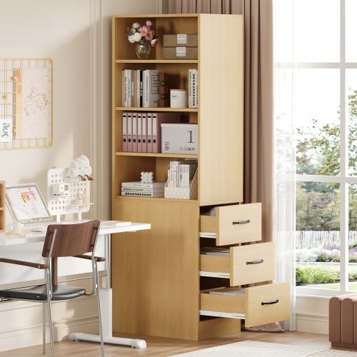 Étagère Étroite-avec 3 Tiroirs Et Étagères Réglables-armoire Haute H180cm-rangement Flexible-naturel