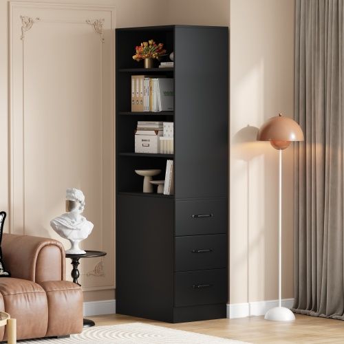 Étagère Étroite-avec 3 Tiroirs Et Étagères Réglables-armoire Haute H180cm-rangement Flexible-noir