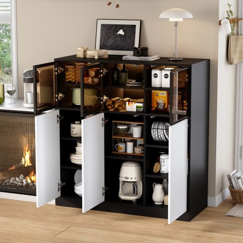 Buffet-meuble De Cuisine-rangement 14 Cases-3 Portes Vitrées-3 Portes Blanches-blanc