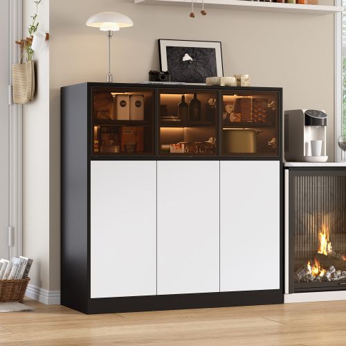 Buffet-meuble De Cuisine-rangement 14 Cases-3 Portes Vitrées-3 Portes Blanches-blanc