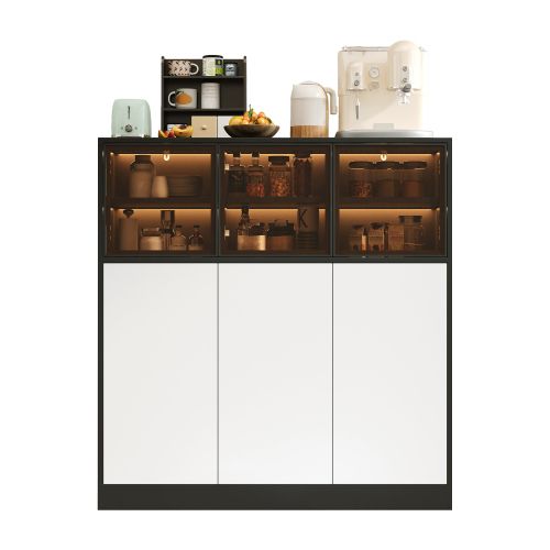 Buffet-meuble De Cuisine-rangement 14 Cases-3 Portes Vitrées-3 Portes Blanches-blanc