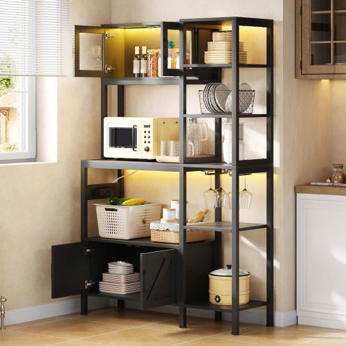 Étagère De Cuisson-meuble De Cuisine-avec Prise Et Éclairage LED-porte-verres à Vin-noir