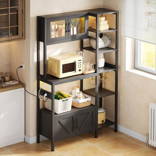 Étagère De Cuisson-meuble De Cuisine-avec Prise Et Éclairage LED-porte-verres à Vin-noir