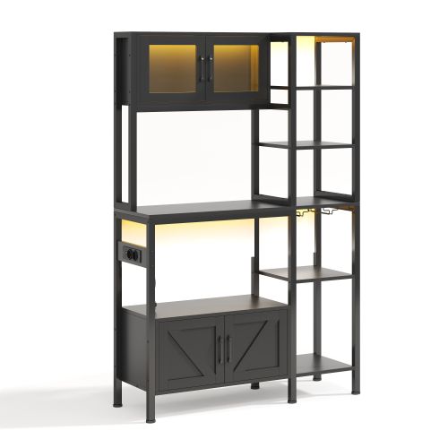 Étagère De Cuisson-meuble De Cuisine-avec Prise Et Éclairage LED-porte-verres à Vin-noir