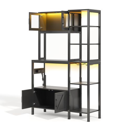 Étagère De Cuisson-meuble De Cuisine-avec Prise Et Éclairage LED-porte-verres à Vin-noir