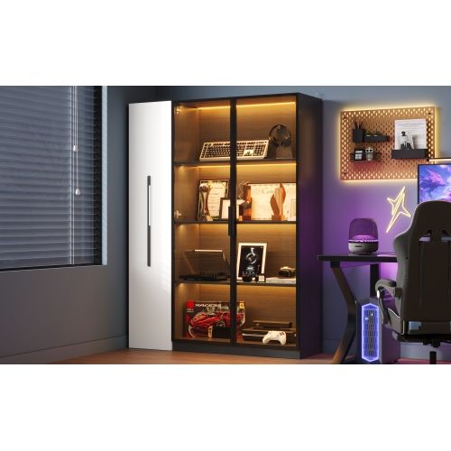 Meubl à Roulettes-vitrine 110,5x35x160 Cm-avec Porte Vitrée Et Éclairage LED-noir