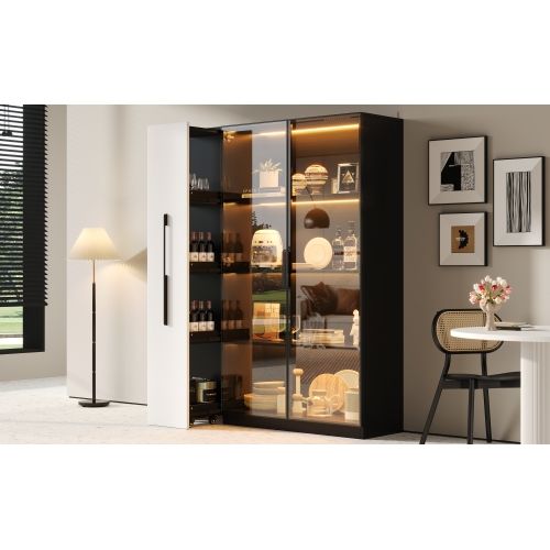 Meubl à Roulettes-vitrine 110,5x35x160 Cm-avec Porte Vitrée Et Éclairage LED-noir