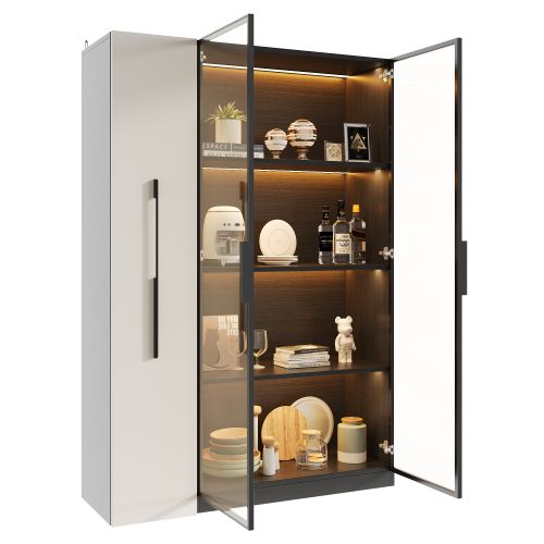 Meubl à Roulettes-vitrine 110,5x35x160 Cm-avec Porte Vitrée Et Éclairage LED-noir