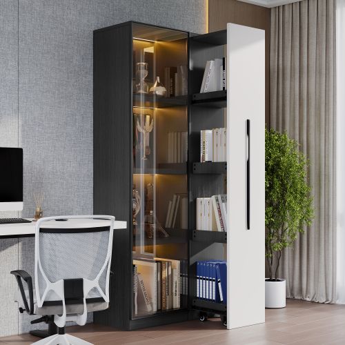 Meuble à Roulettes-vitrine 70x40x160 Cm-avec Porte Vitrée Et Éclairage LED-blanc