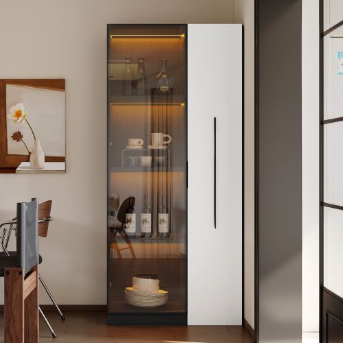 Meuble à Roulettes-vitrine 70x40x160 Cm-avec Porte Vitrée Et Éclairage LED-blanc