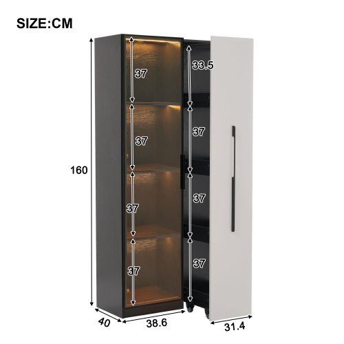 Meuble à Roulettes-vitrine 70x40x160 Cm-avec Porte Vitrée Et Éclairage LED-blanc