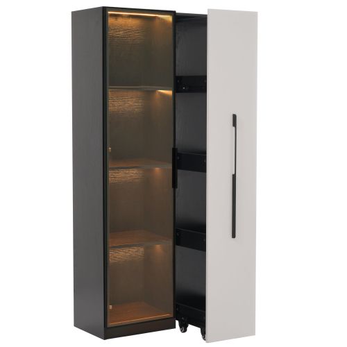 Meuble à Roulettes-vitrine 70x40x160 Cm-avec Porte Vitrée Et Éclairage LED-blanc