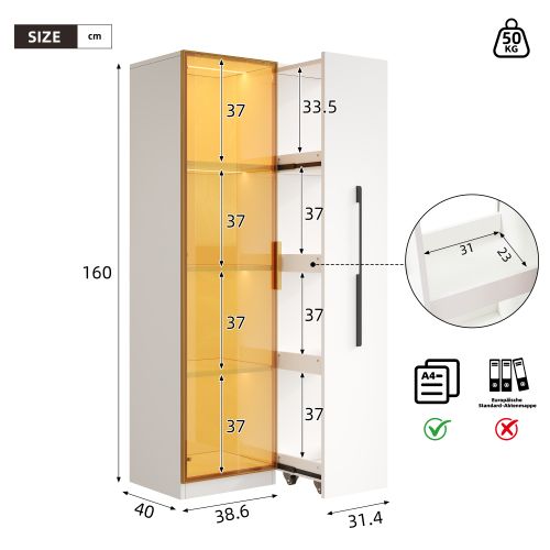 Meuble à Roulettes-vitrine 70x40x160 Cm-avec Porte Vitrée Et Éclairage LED-noir
