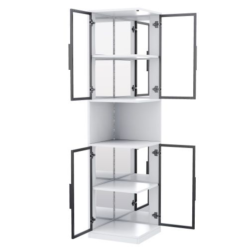 Vitrine LED Réglable-armoire Haute 205cm-avec 4 Porte Vitrée Et Panneau Arrière Miroir-blanc