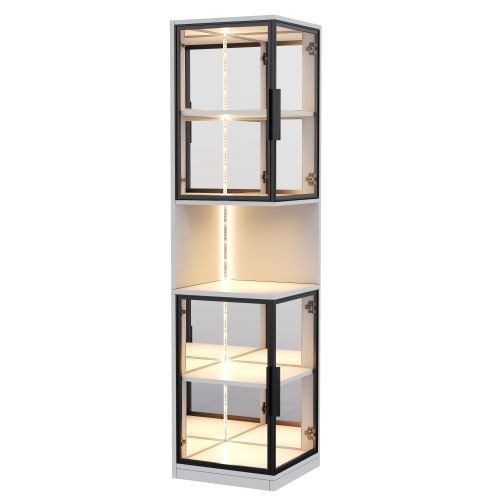 Vitrine LED Réglable-armoire Haute 205cm-avec 4 Porte Vitrée Et Panneau Arrière Miroir-blanc