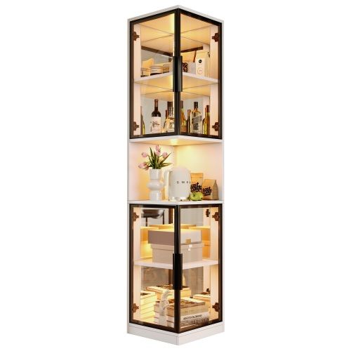 Vitrine LED Réglable-armoire Haute 205cm-avec 4 Porte Vitrée Et Panneau Arrière Miroir-blanc