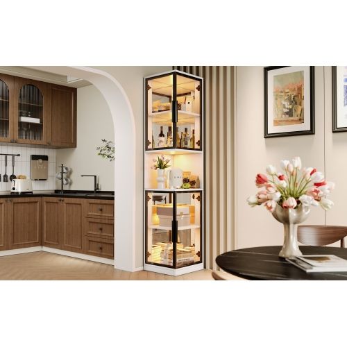 Vitrine LED Réglable-armoire Haute 205cm-avec 4 Porte Vitrée Et Panneau Arrière Miroir-blanc